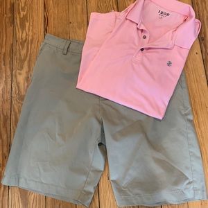 Adidas shorts and IZOD shirt